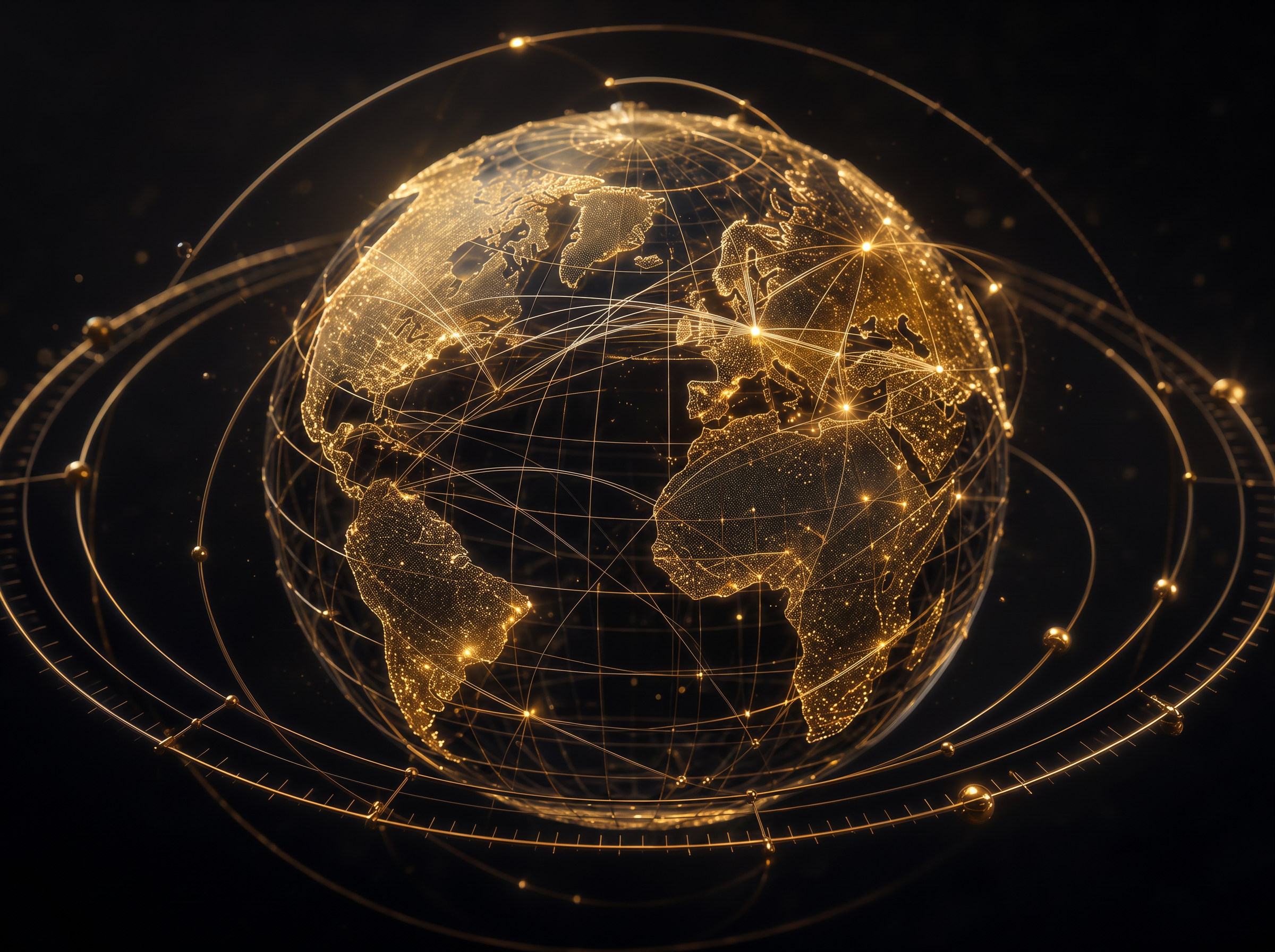 Golden wireframe globe with arcs connecting cities across continents