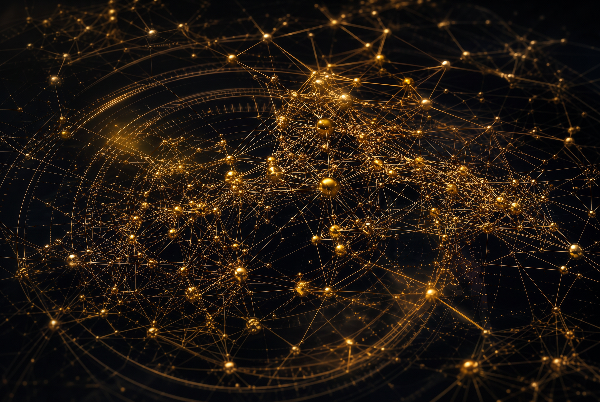 Golden nodes and filaments connecting across a dark field, representing financial memory