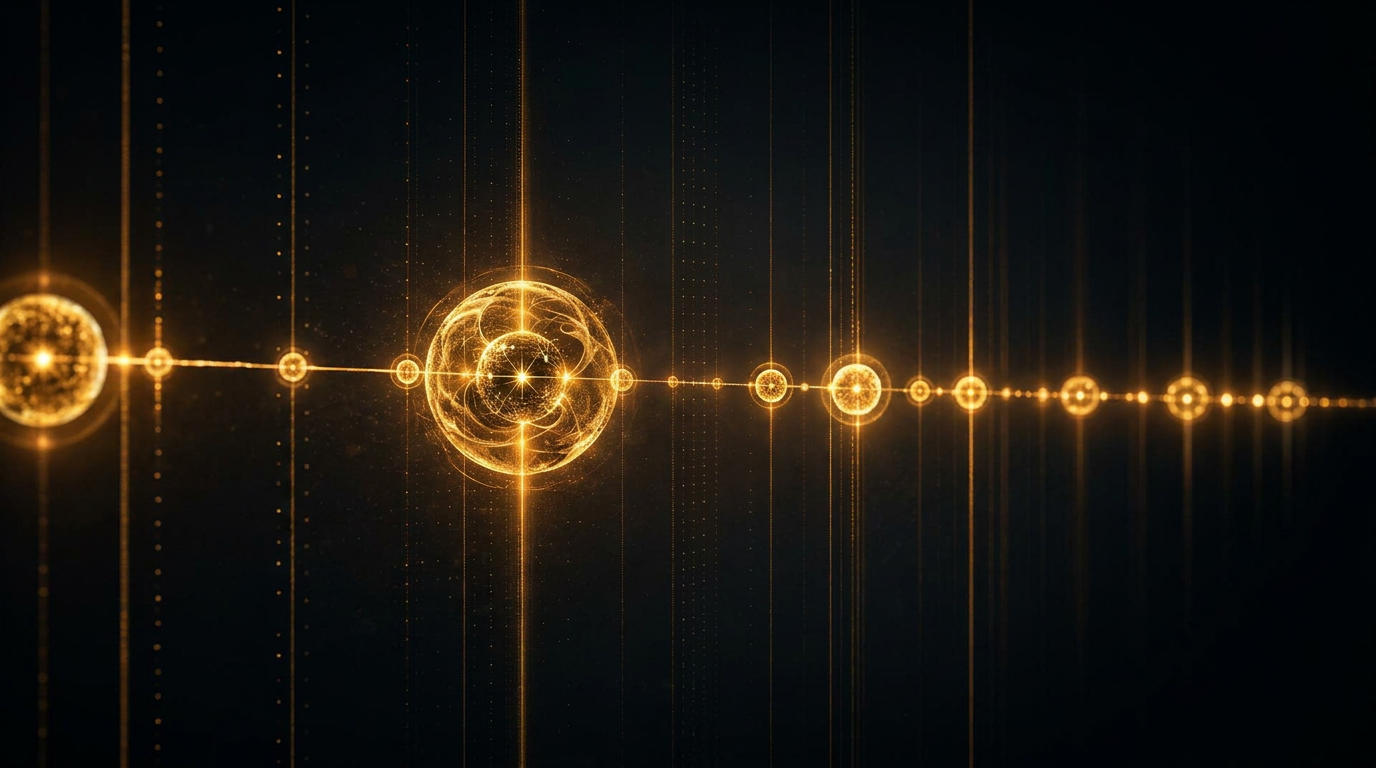 A horizontal timeline of glowing golden nodes representing remembered life events
