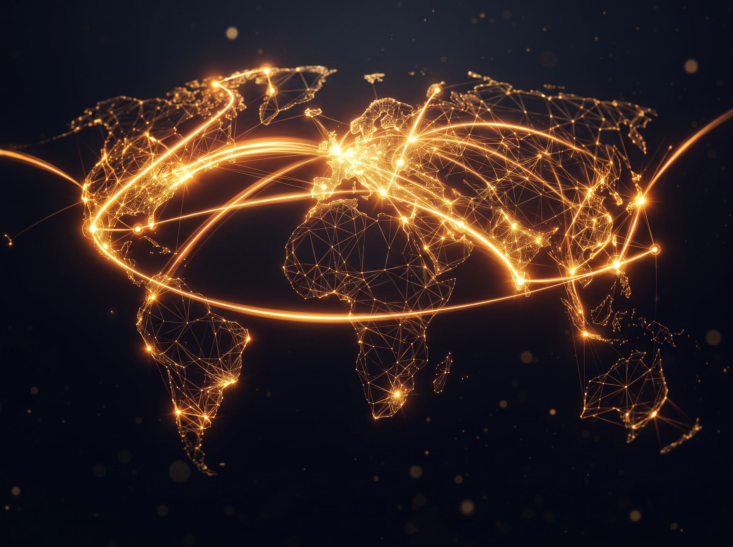 Dark world map with glowing gold arcs linking global equity and tax jurisdictions