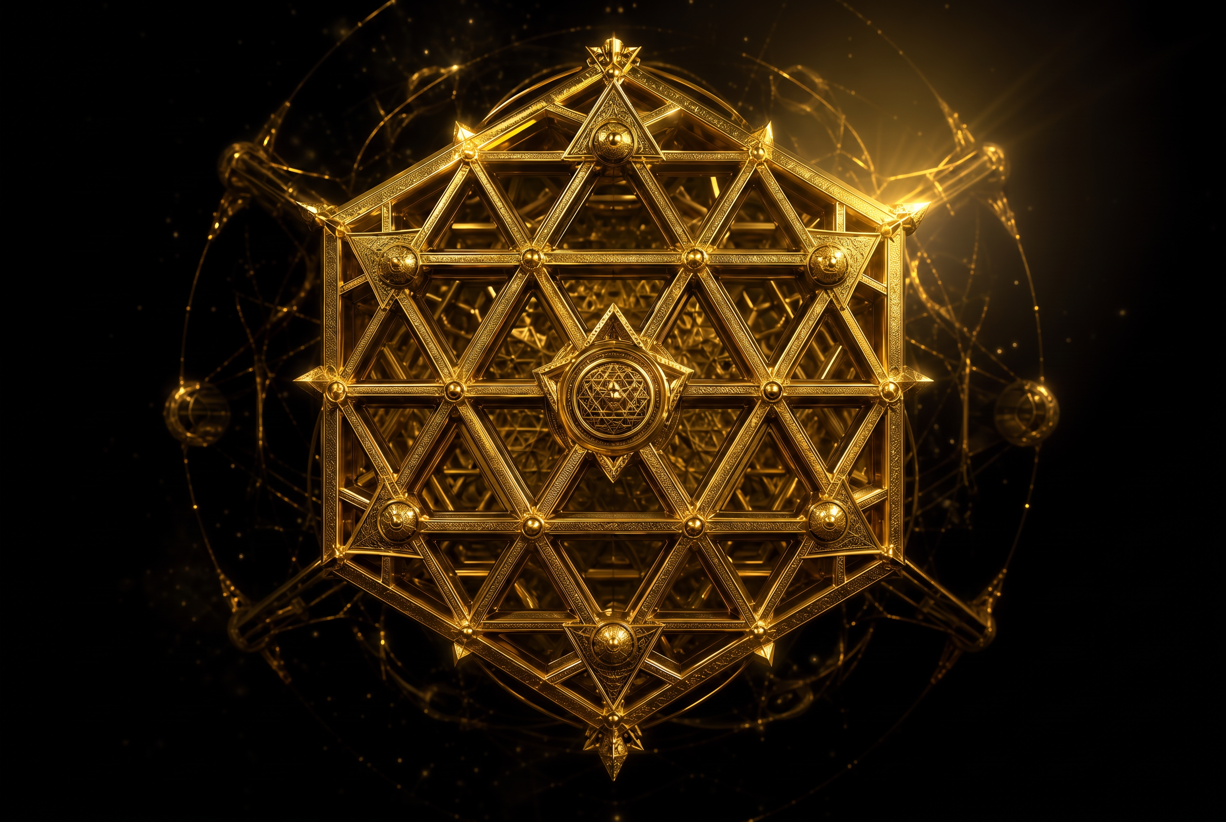 Golden geometric lattice representing encrypted, permissioned financial data